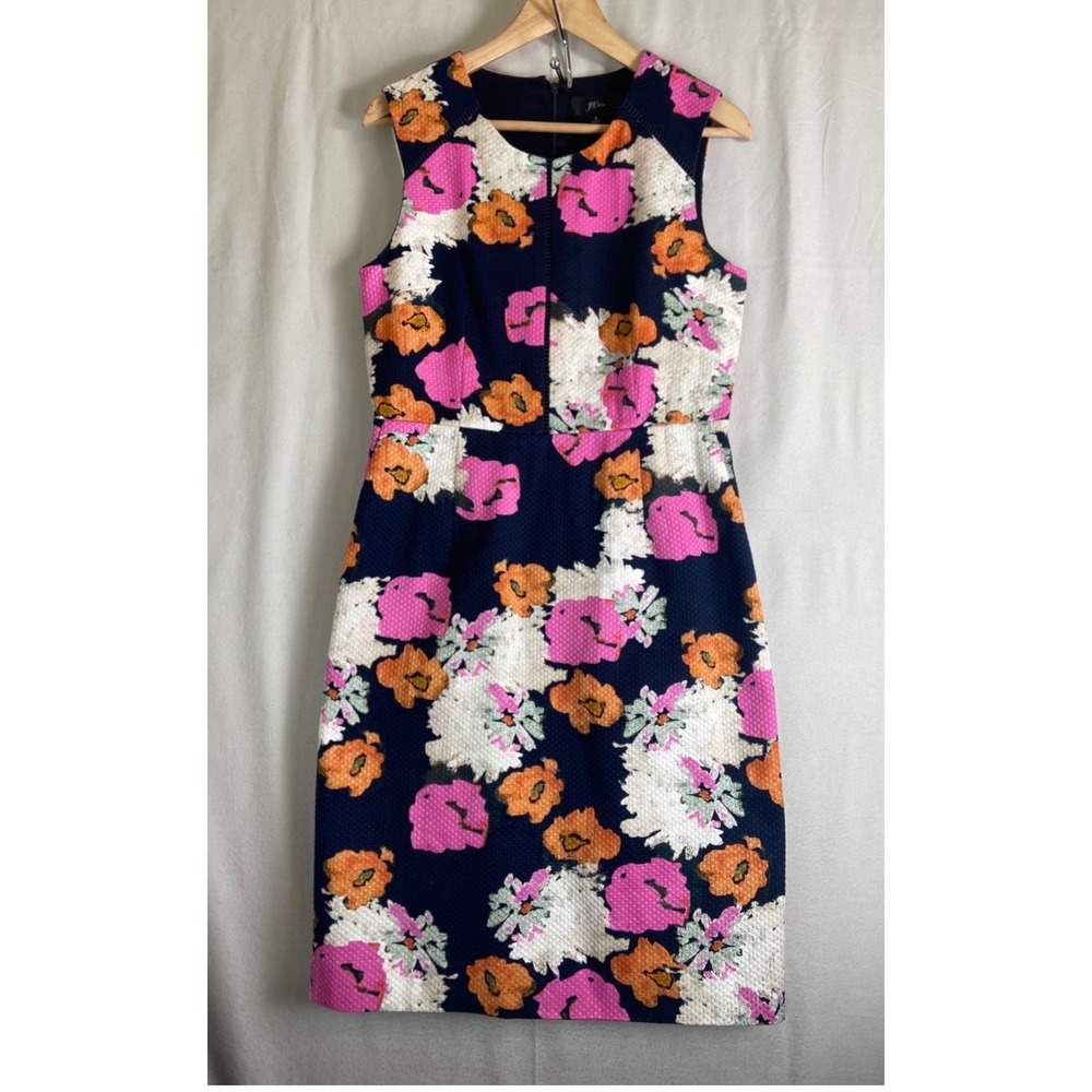 J.Crew Women Navy Pink Floral Jacquard Sheath Dress Sleeveless Size 8 Matelasse